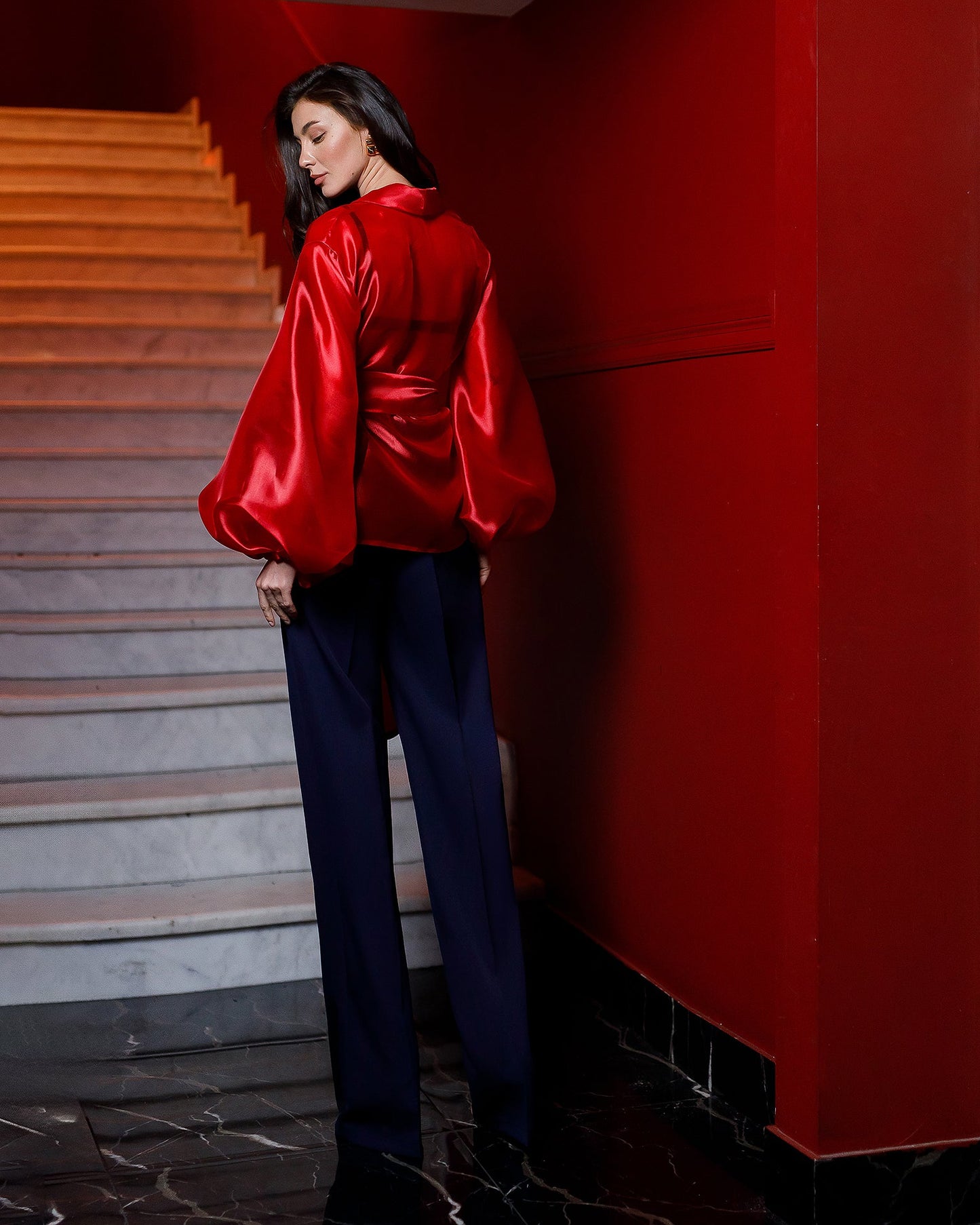 Red Shawl Collar Puff-Sleeve Belted Dress Tunic Blouse