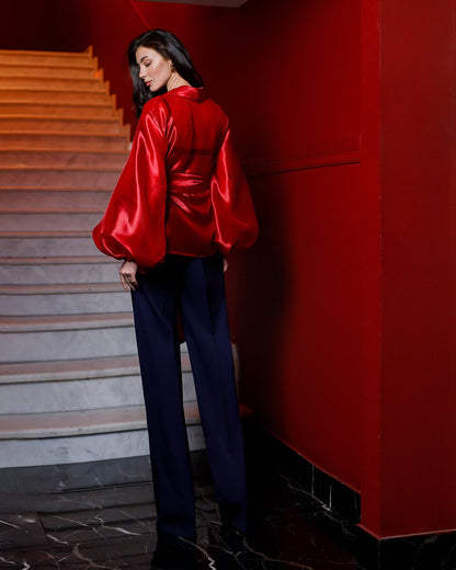 Red Shawl Collar Puff-Sleeve Belted Dress Tunic Blouse