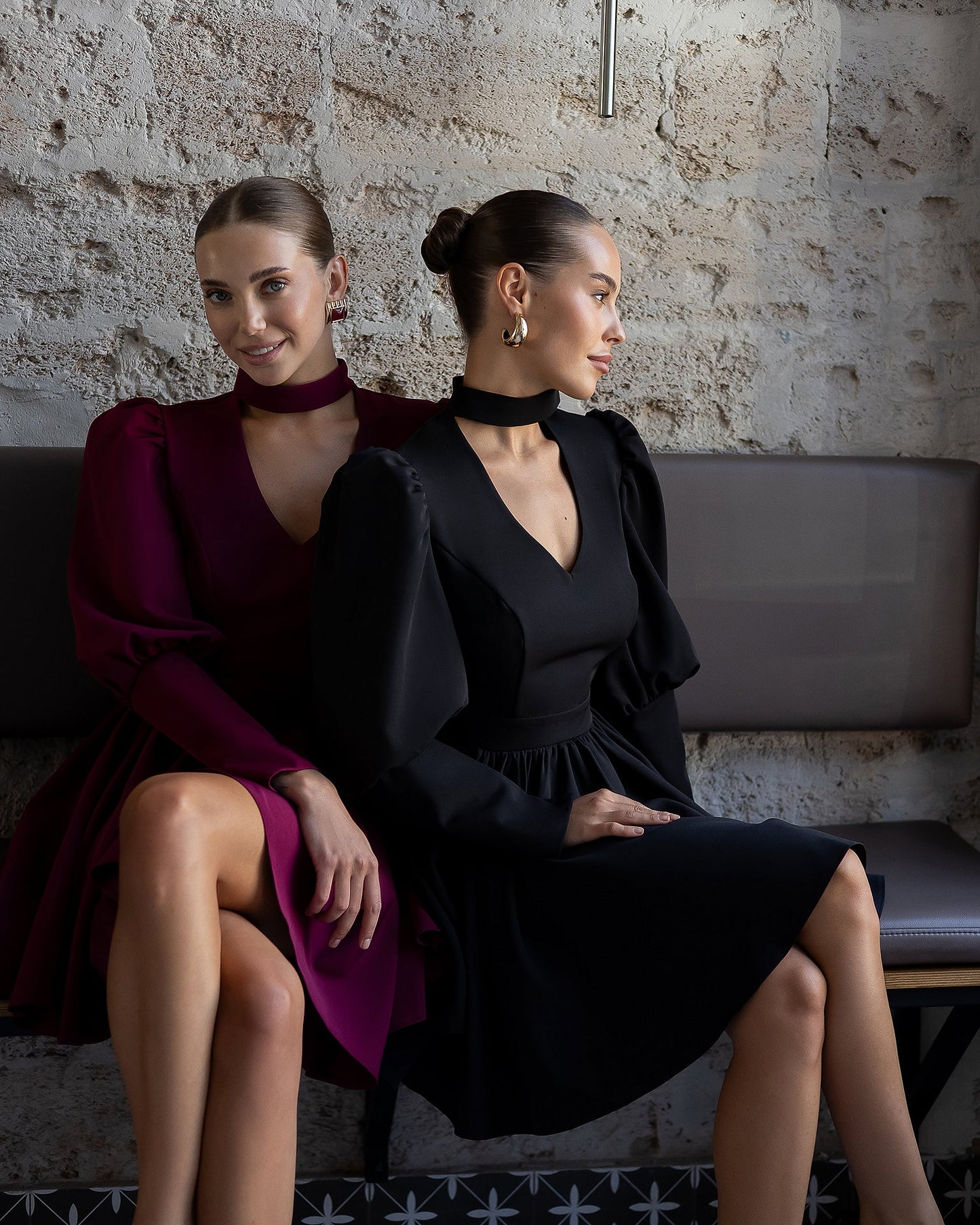 Bella Black Choker-Neck Puff Sleeve Mini Dress