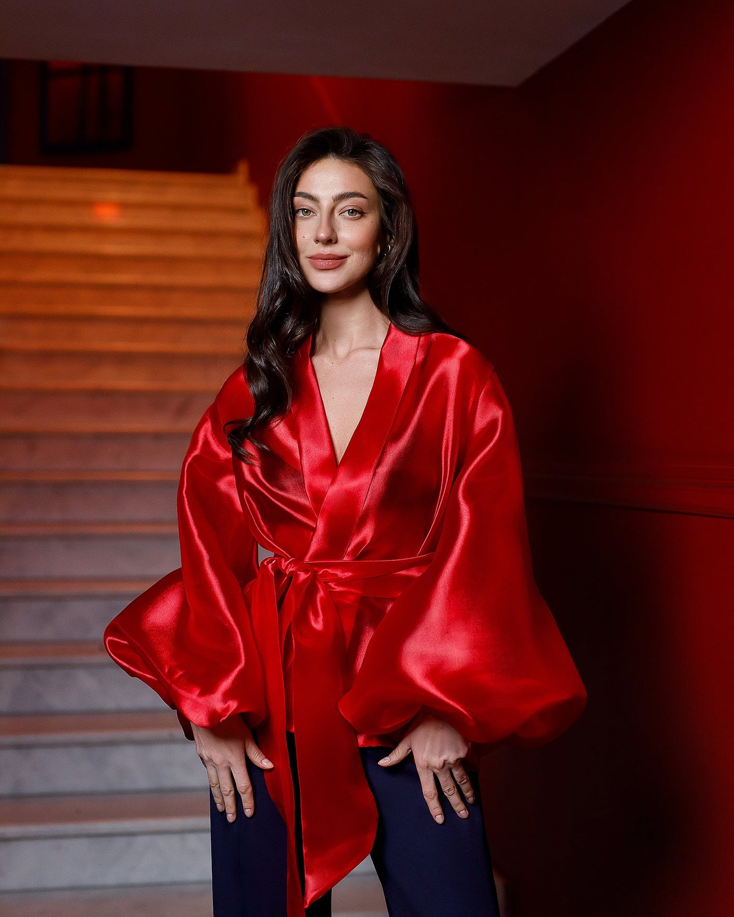 Red Shawl Collar Puff-Sleeve Belted Dress Tunic Blouse