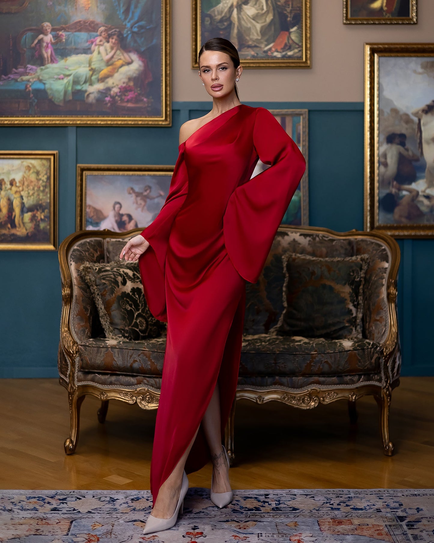 Celeste Red Satin Asymmetric One-Shoulder Midi Dress