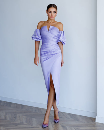 Lavender Satin Puff-Sleeve Midi Dress