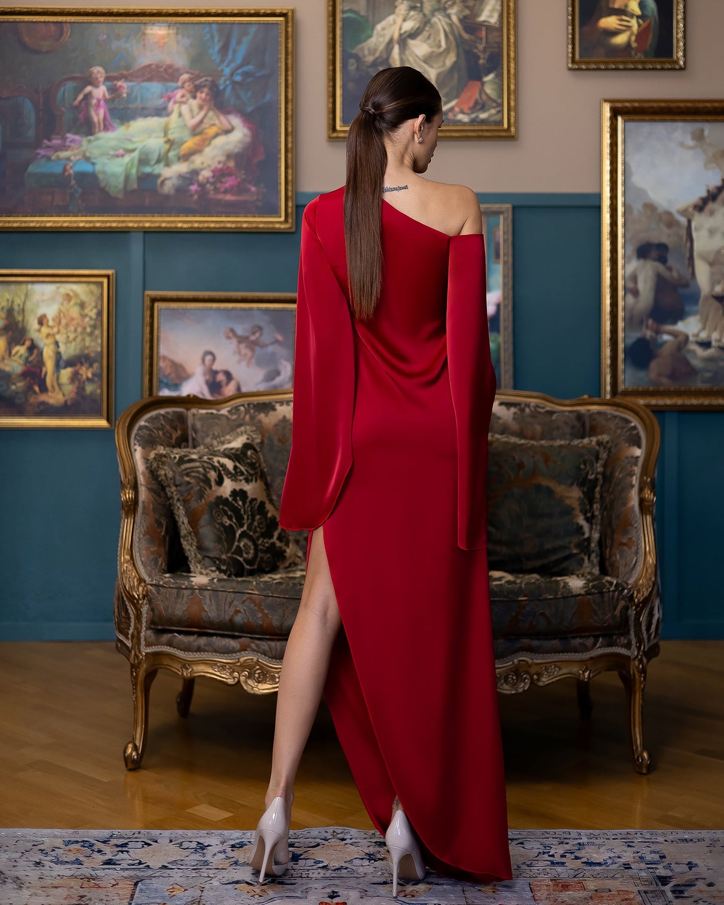 Celeste Red Satin Asymmetric One-Shoulder Midi Dress