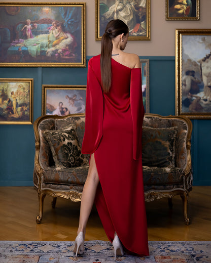 Celeste Red Satin Asymmetric One-Shoulder Midi Dress