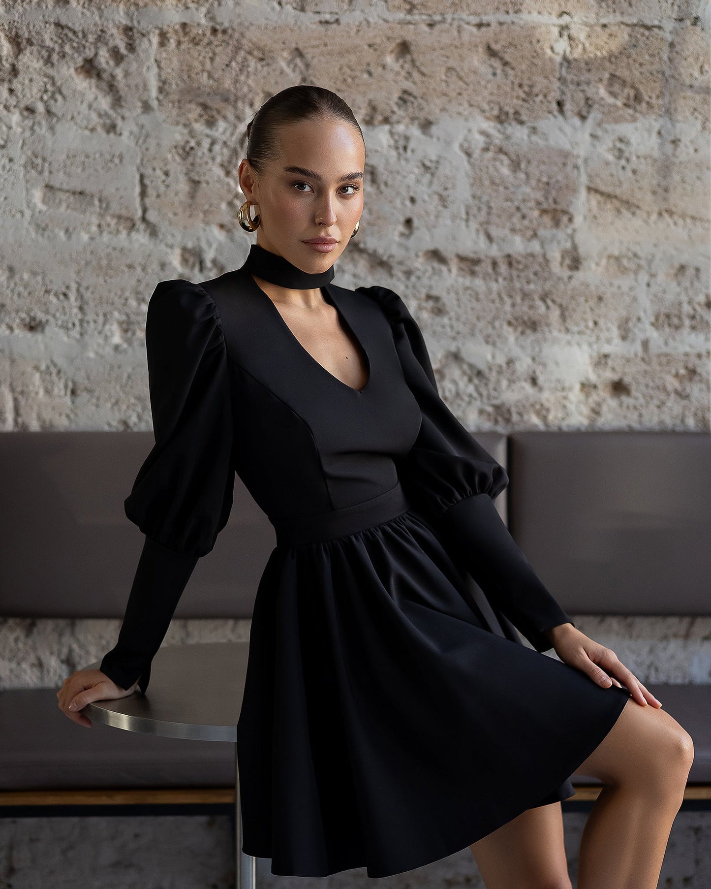 Bella Black Choker-Neck Puff Sleeve Mini Dress