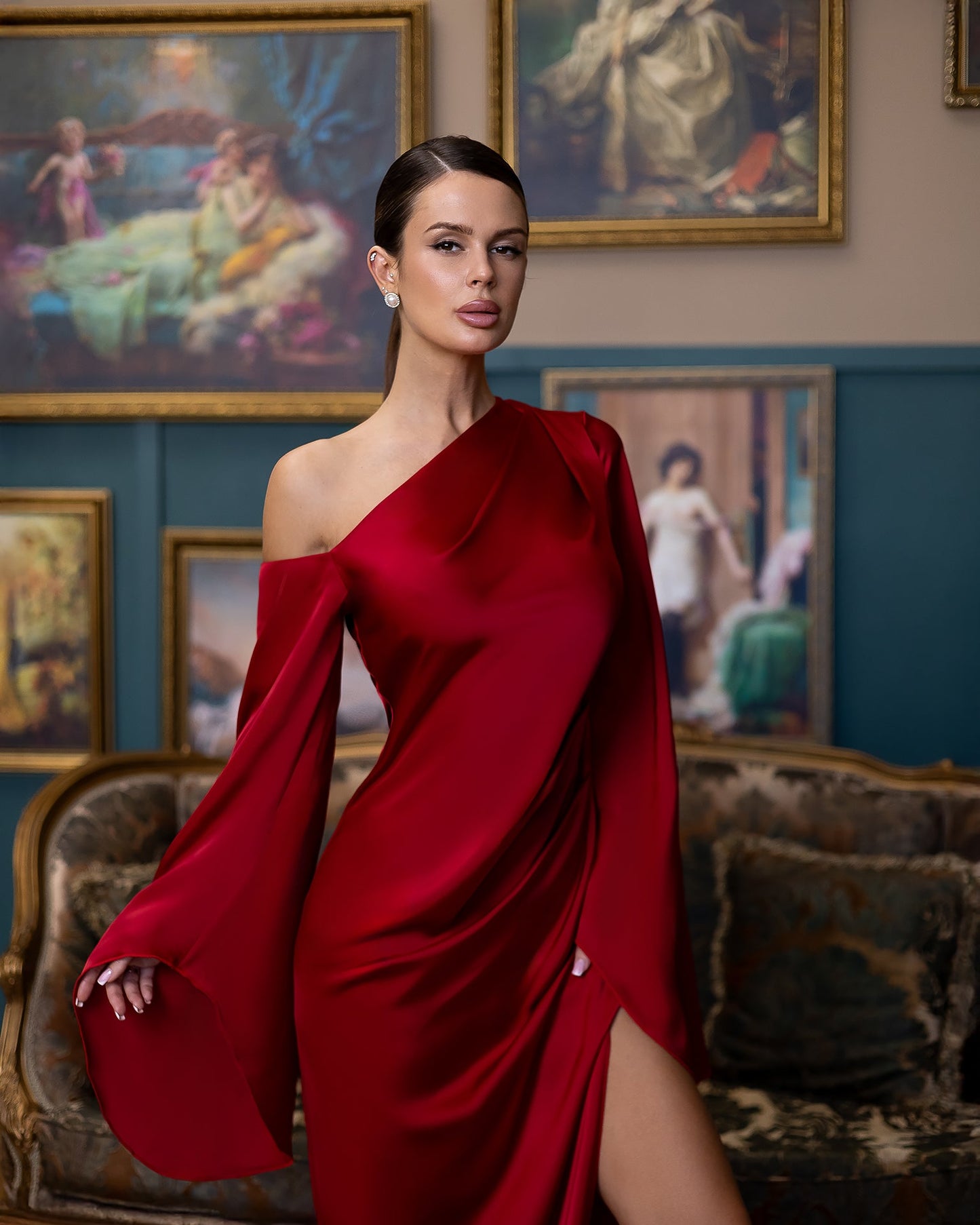 Celeste Red Satin Asymmetric One-Shoulder Midi Dress