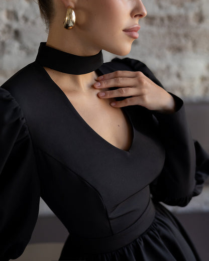 Bella Black Choker-Neck Puff Sleeve Mini Dress
