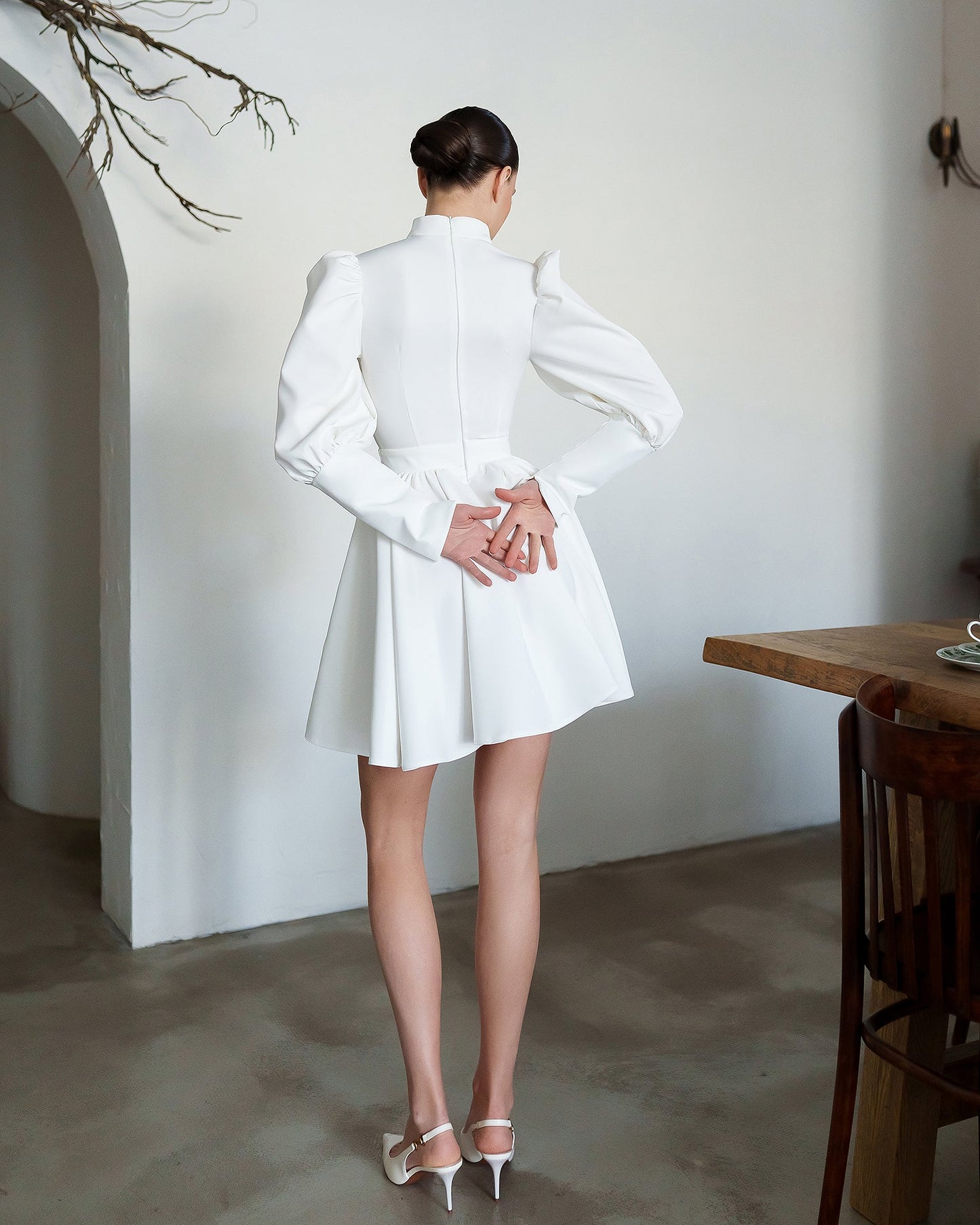 Bella White Choker-Neck Puff Sleeve Mini Dress