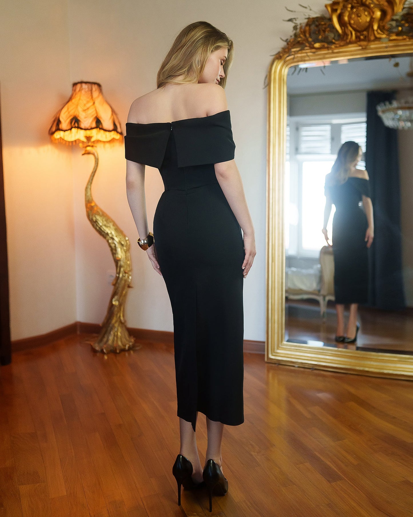 Gloria Black Off-The-Shoulder Midi Dress