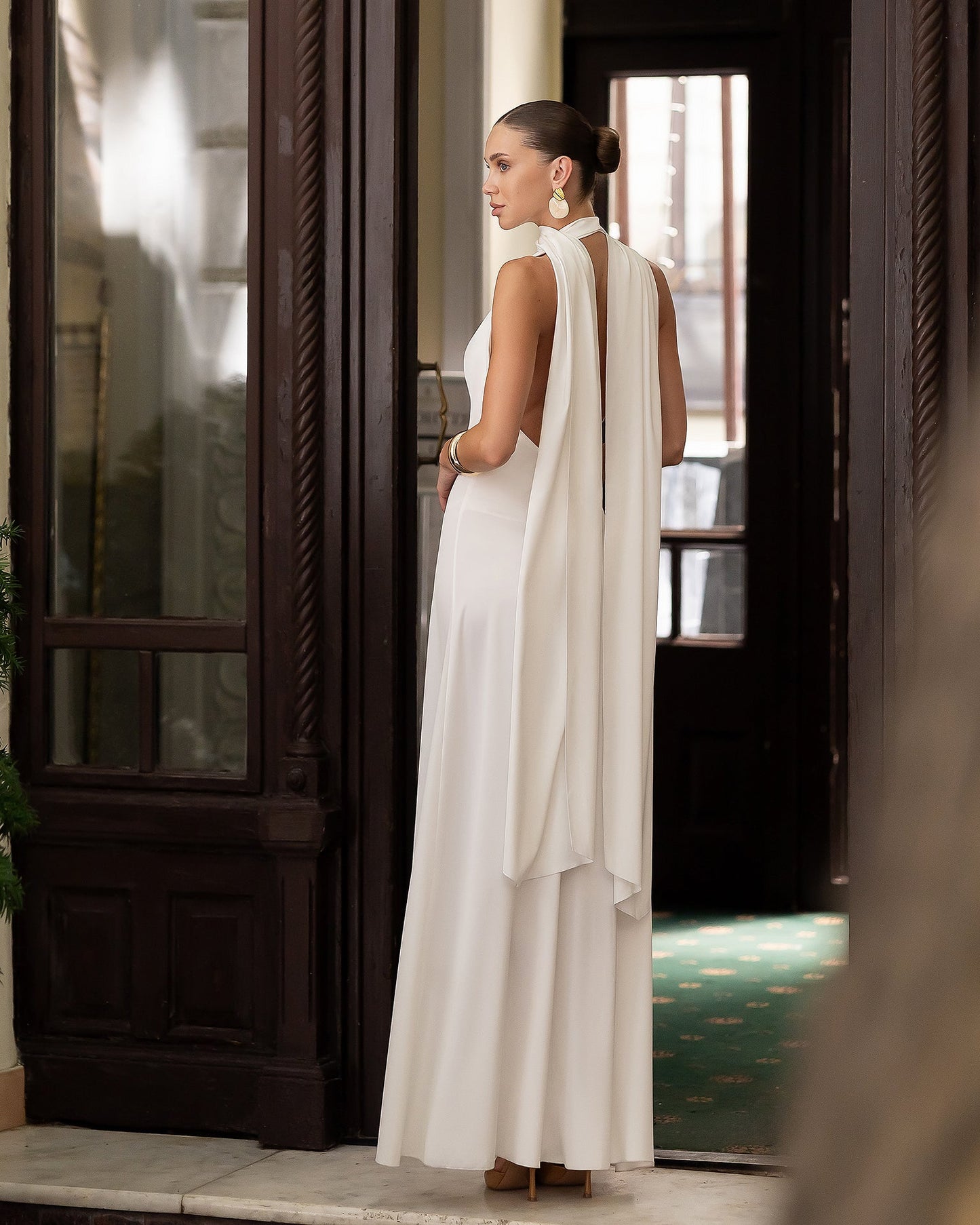 Céline White Satin Drape Halter-Neck Backless Maxi Dress