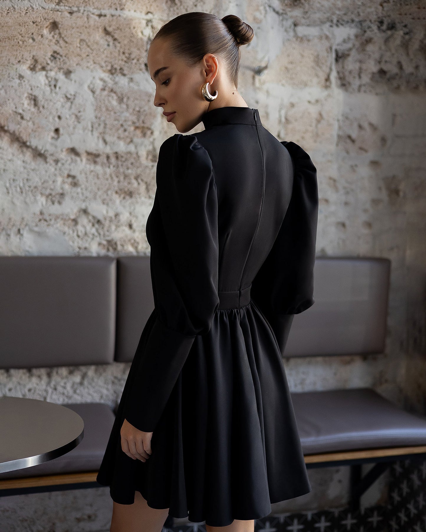 Bella Black Choker-Neck Puff Sleeve Mini Dress