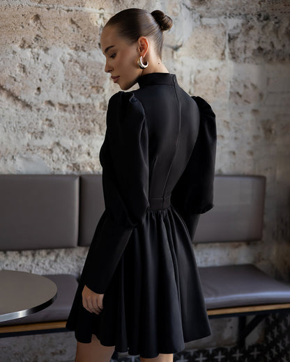 Bella Black Choker-Neck Puff Sleeve Mini Dress