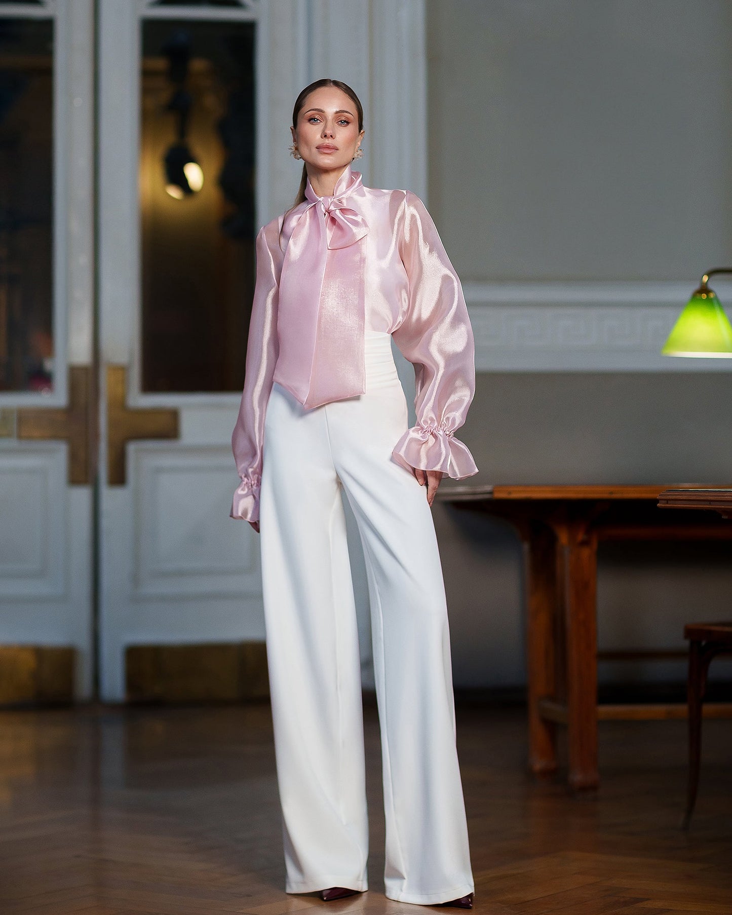 Pink Sheer Organza Bow-Neck Puff Sleeve Blouse