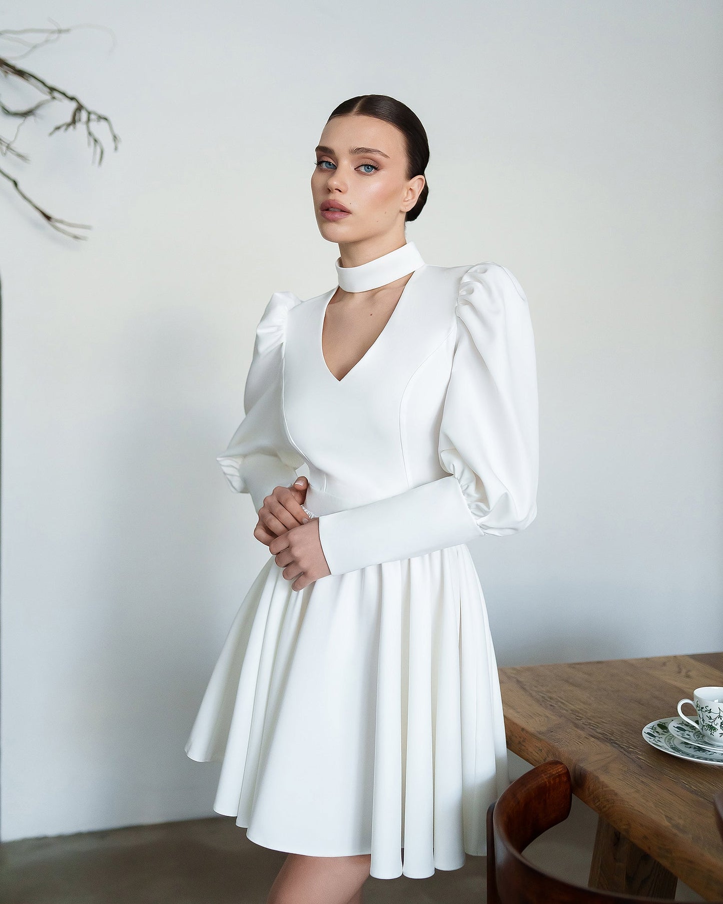 Bella White Choker-Neck Puff Sleeve Mini Dress