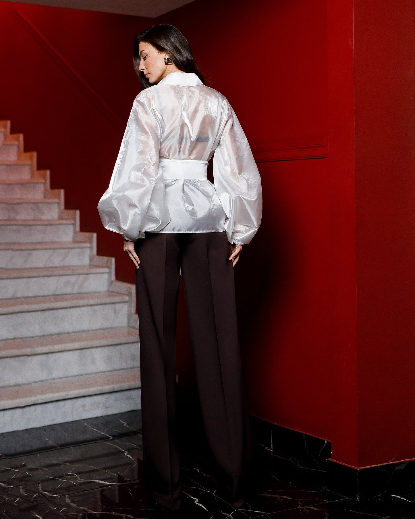 White Shawl Collar Puff-Sleeve Belted Tunic Blouse