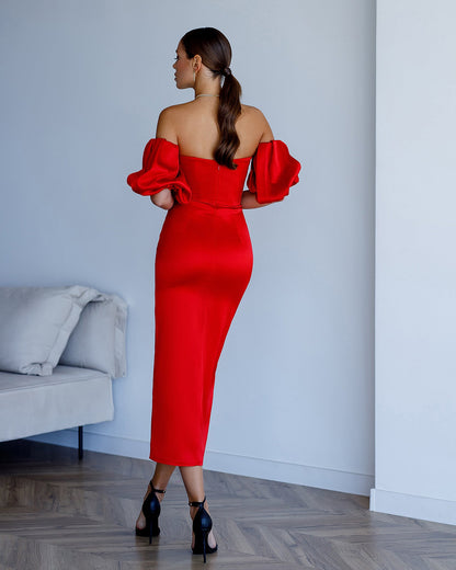 Red Satin Puff-Sleeve Midi Dress
