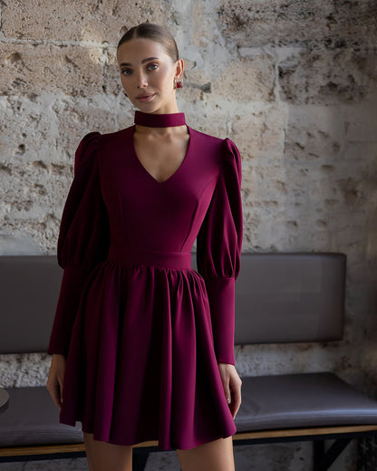 Bella Bordeaux Choker-Neck Puff Sleeve Mini Dress