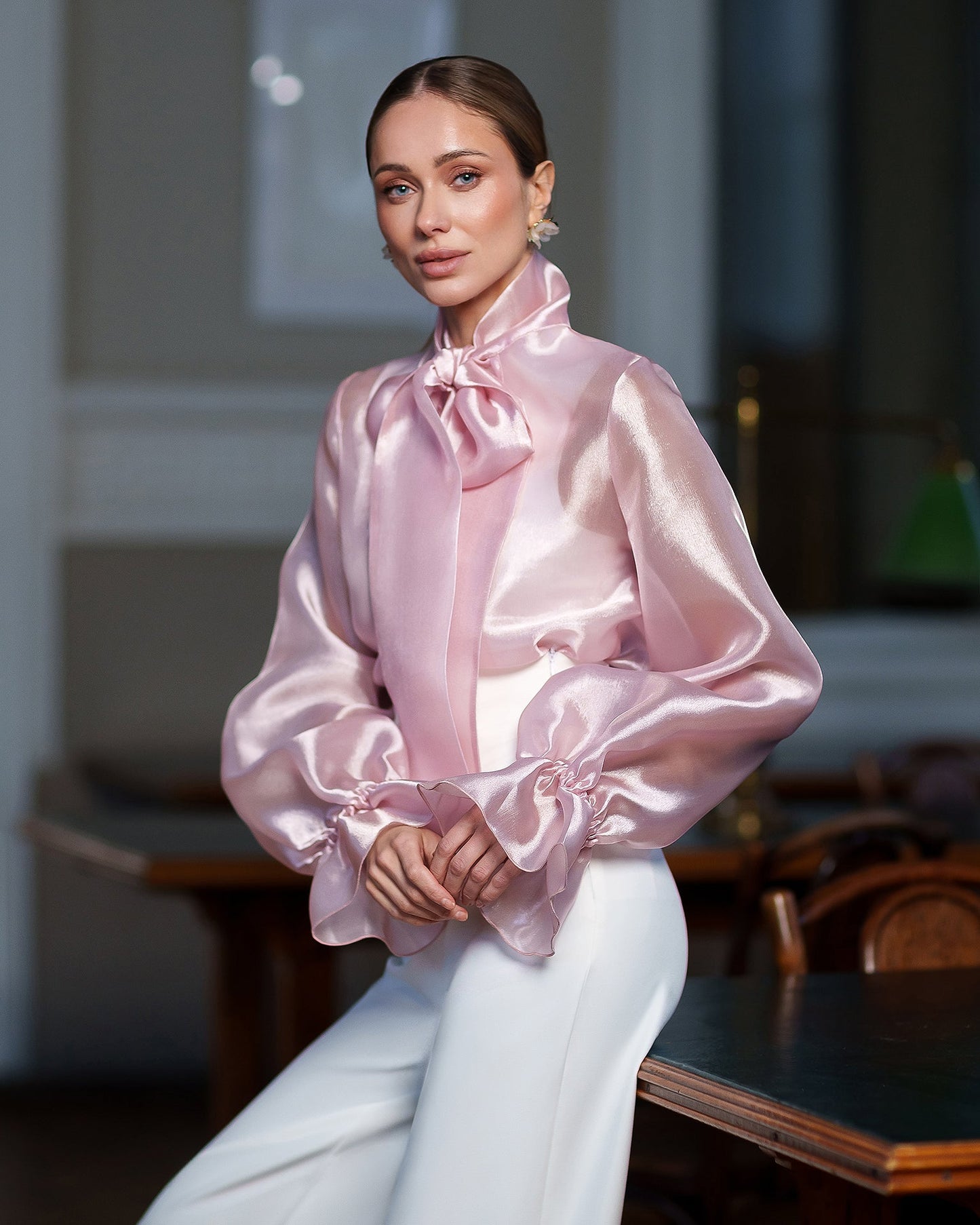 Pink Sheer Organza Bow-Neck Puff Sleeve Blouse