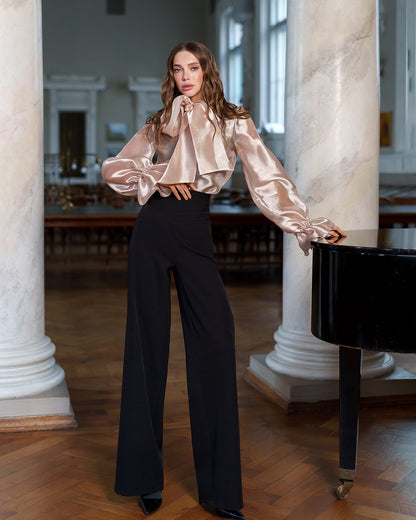 Dusty-Pink Sheer Organza Bow-Neck Puff Sleeve Blouse