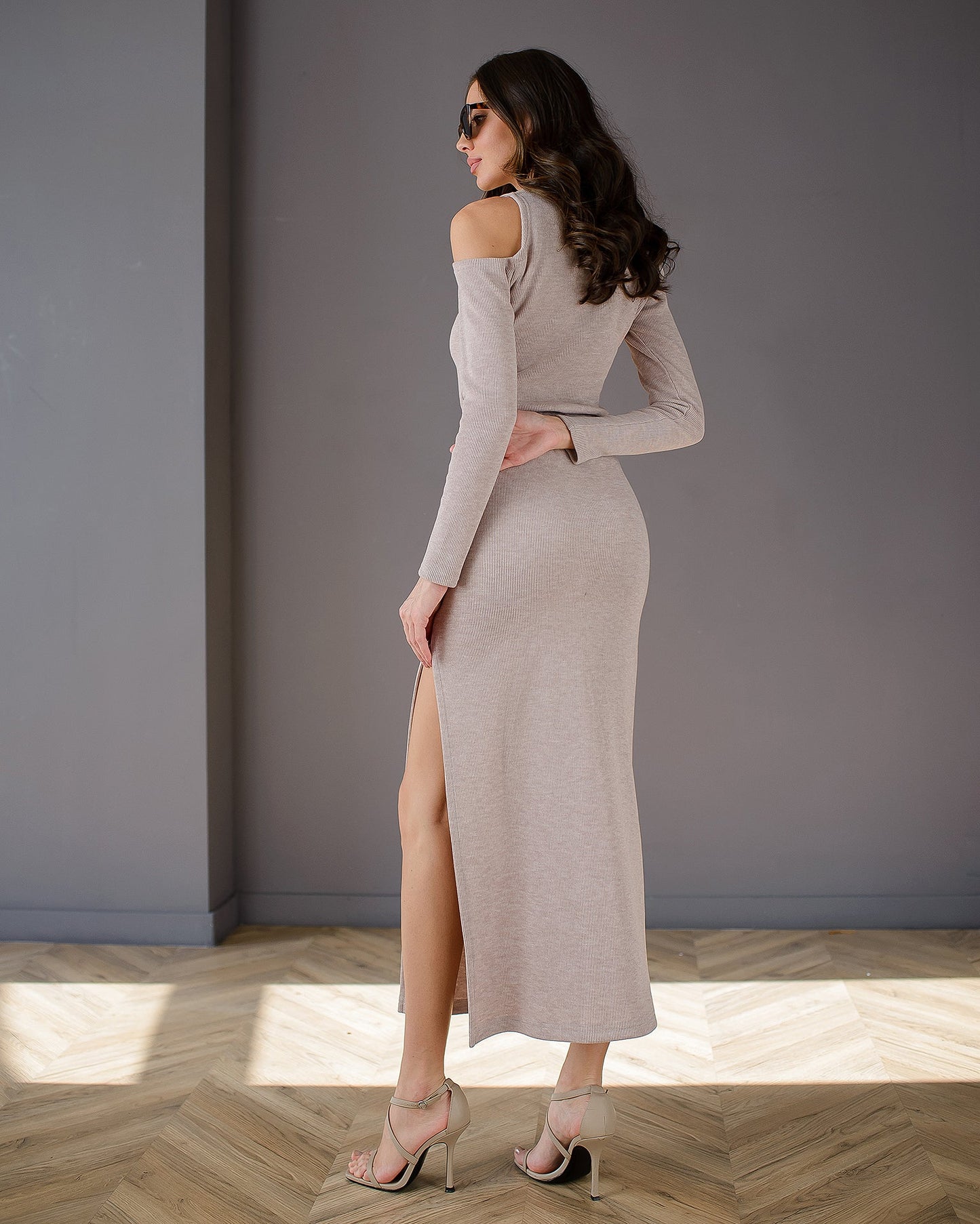 Beige Cut-Out Long Sleeve Midi Dress