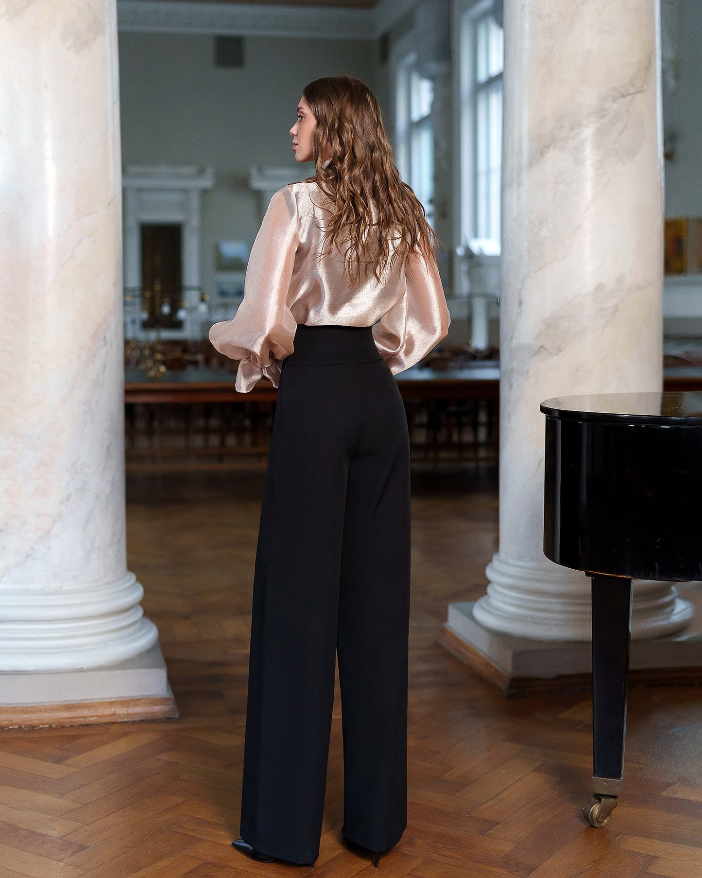 Dusty-Pink Sheer Organza Bow-Neck Puff Sleeve Blouse