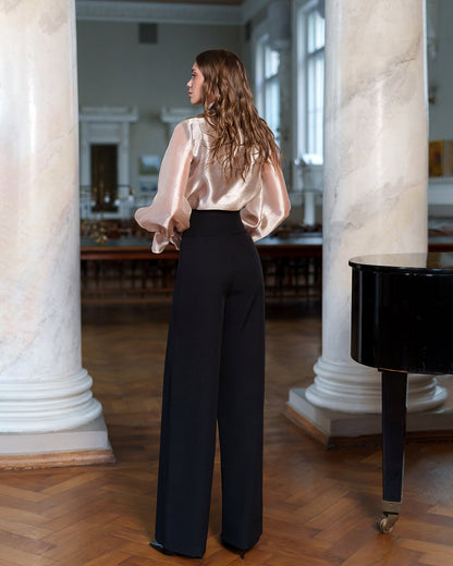 Dusty-Pink Sheer Organza Bow-Neck Puff Sleeve Blouse