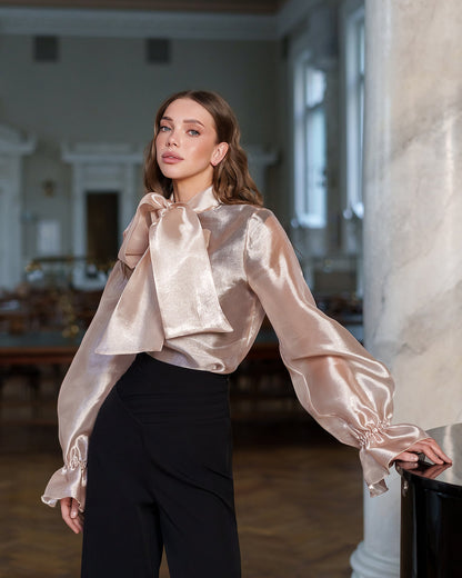 Dusty-Pink Sheer Organza Bow-Neck Puff Sleeve Blouse