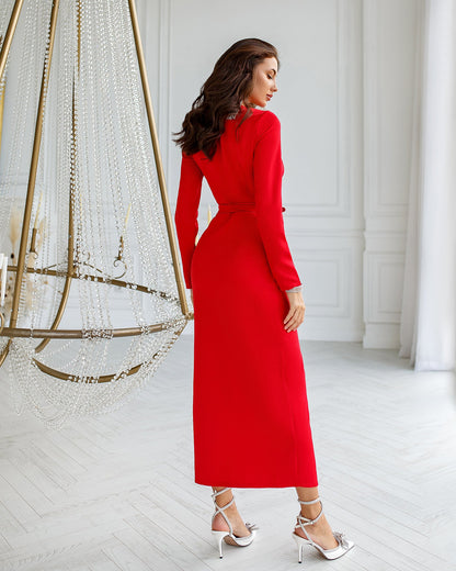 Red Wrap Long Sleeve Collarless Maxi Dress