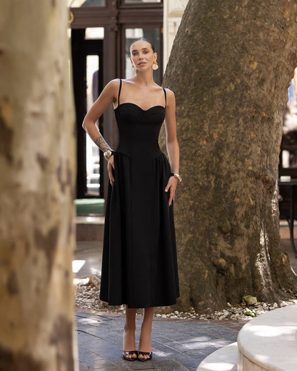 Monica Black Strappy Sweetheart Neckline Midi Dress