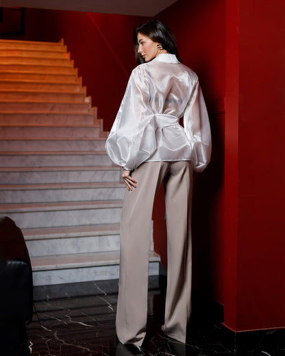 White Shawl Collar Puff-Sleeve Belted Tunic Blouse