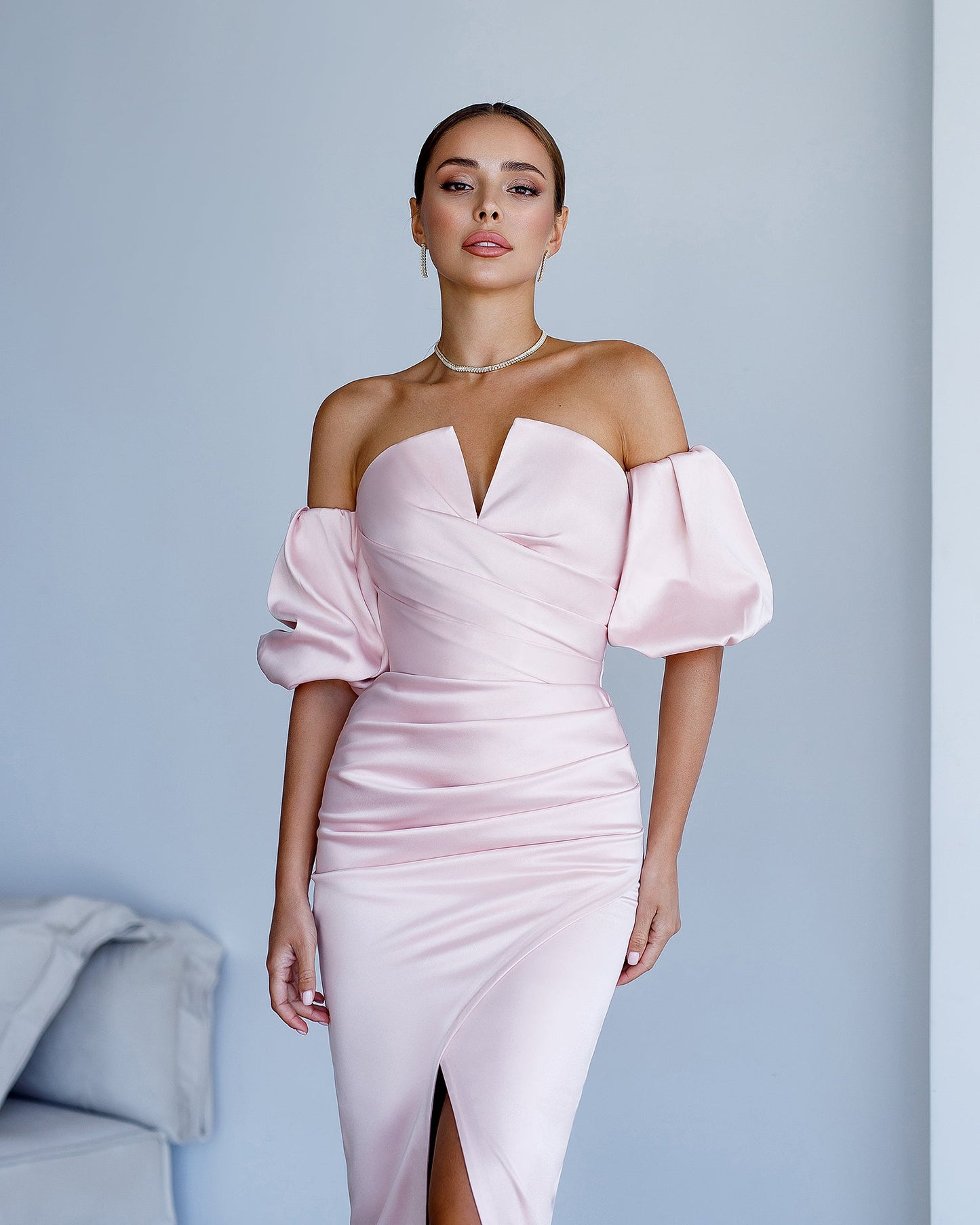 Dusty Pink Satin Puff-Sleeve Midi Dress