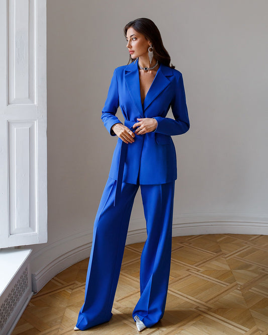 Blue Belted Wide-Leg Suit 2-Piece