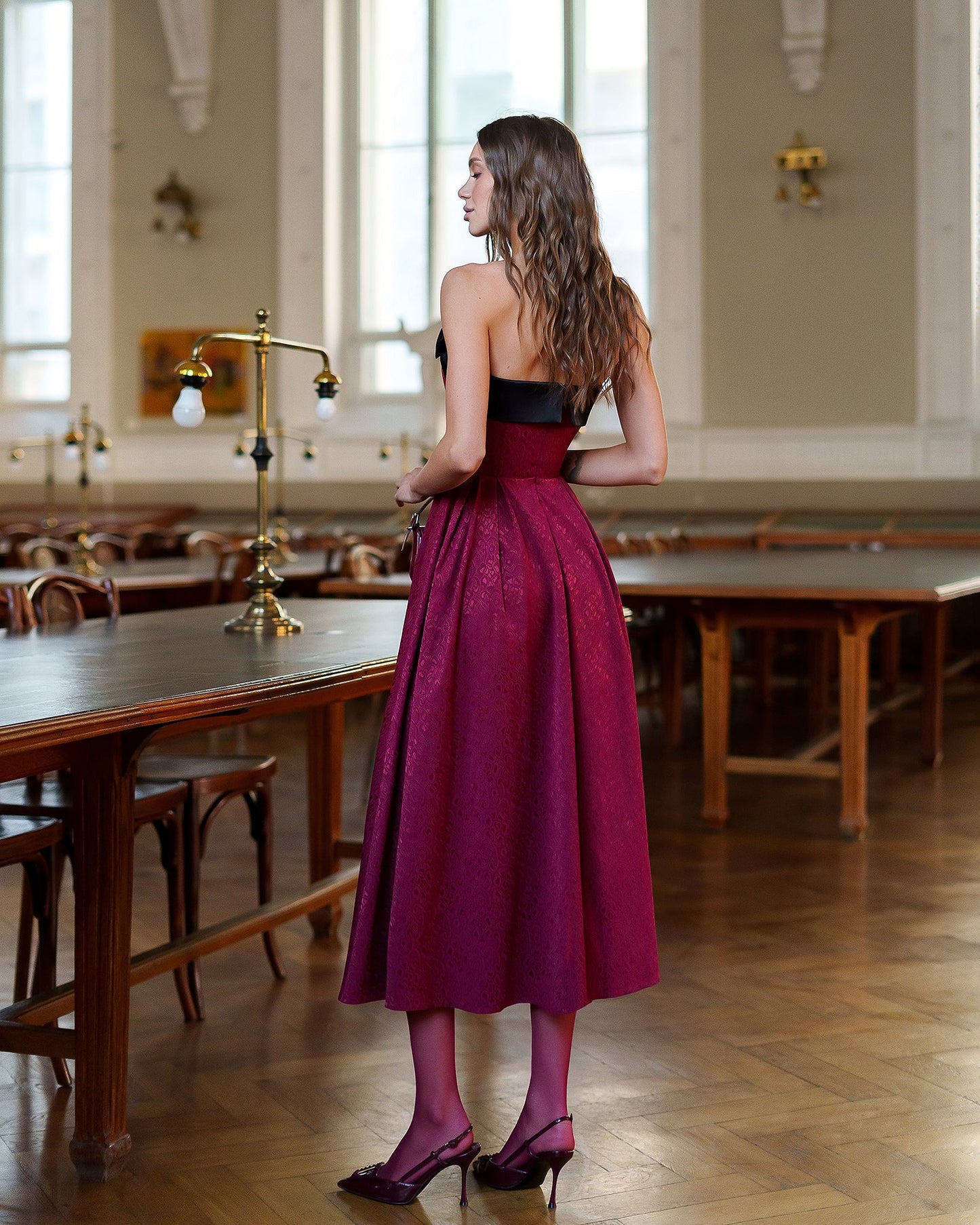 Selena Bordeaux Strapless Bow-Detail Midi Dress
