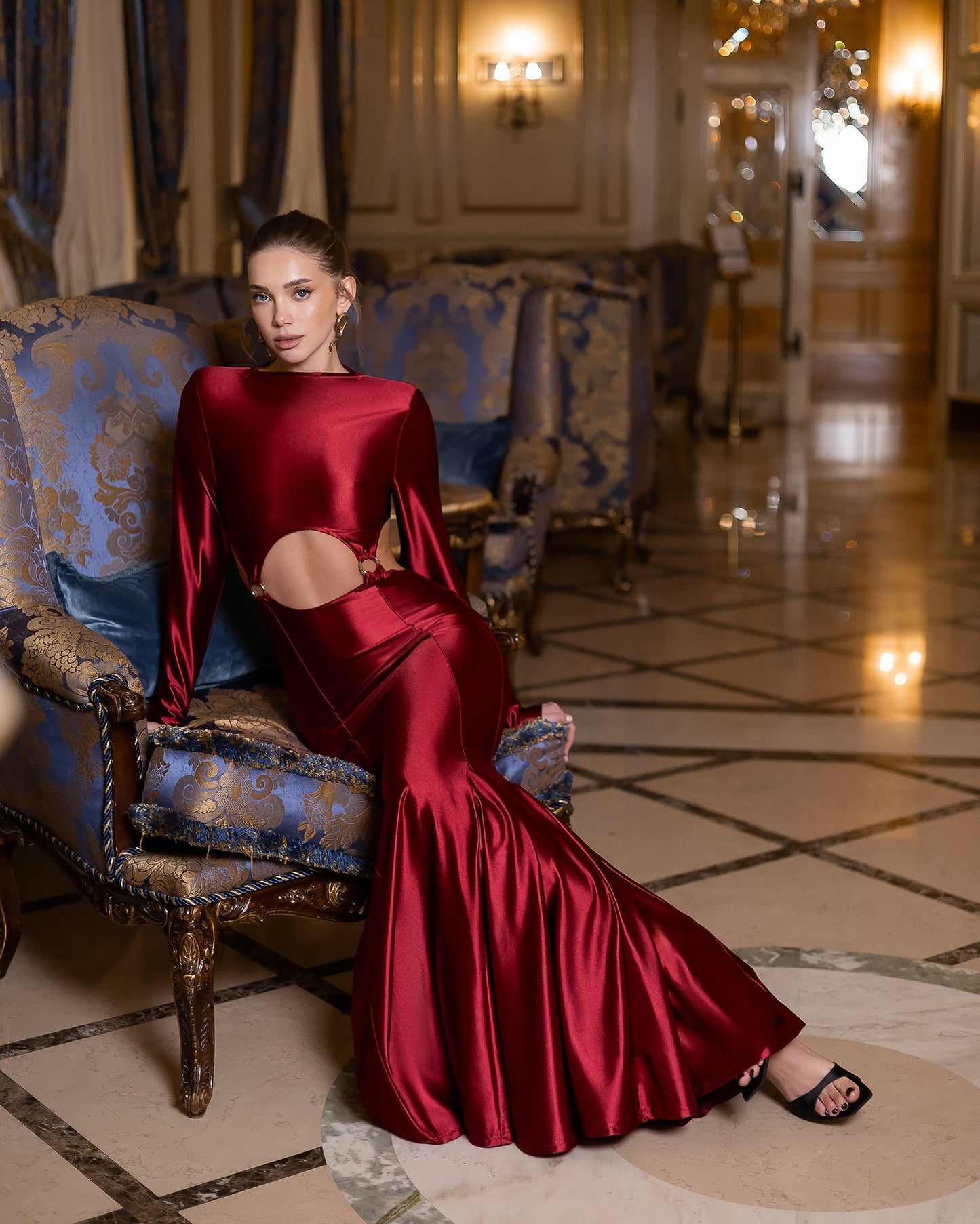 Stella Bordeaux Long-Sleeve Cut-Out Maxi Dress