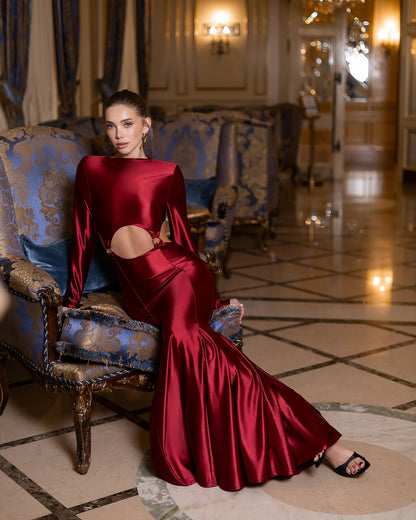 Stella Bordeaux Long-Sleeve Cut-Out Maxi Dress