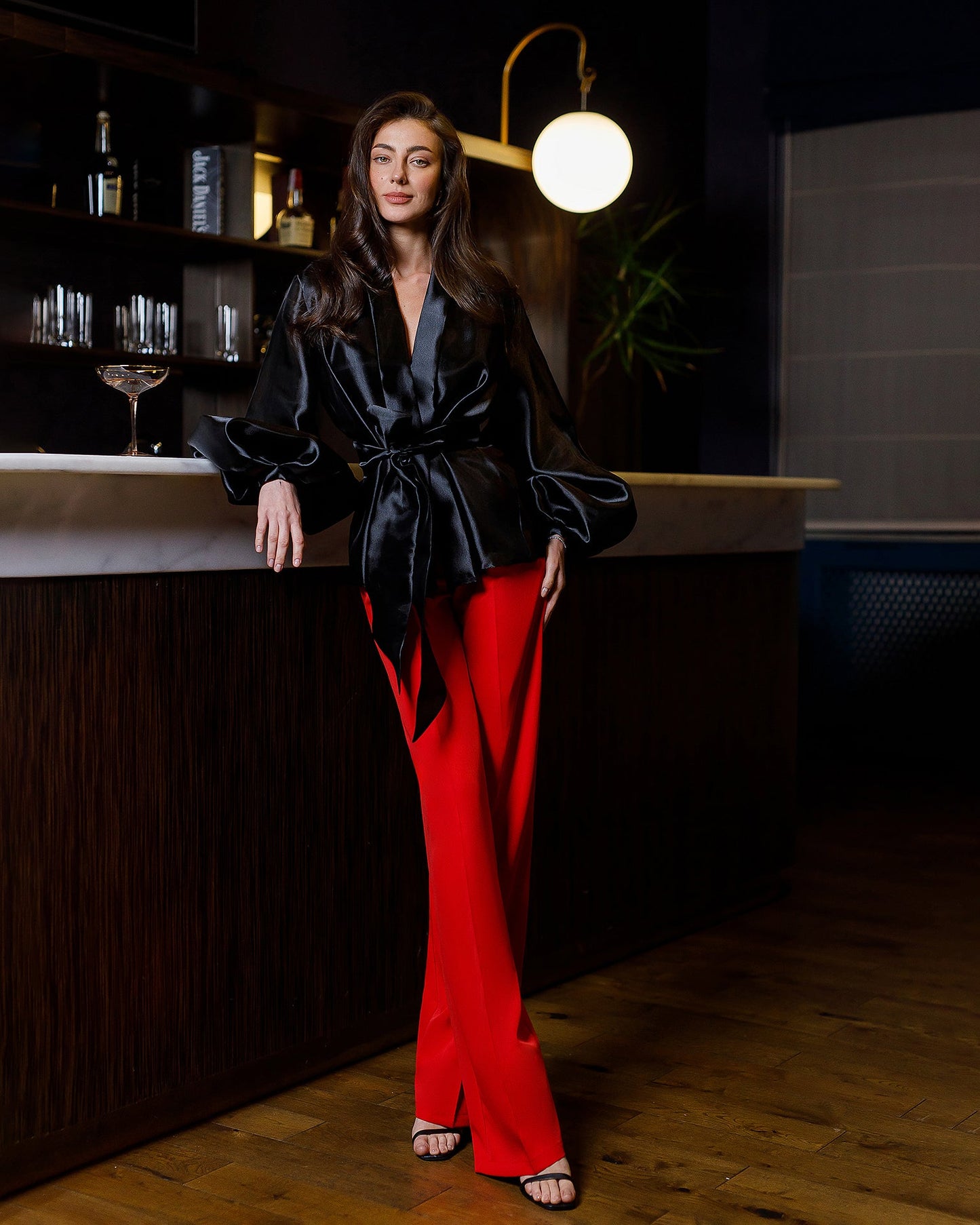Black Shawl Collar Puff-Sleeve Belted Tunic Blouse