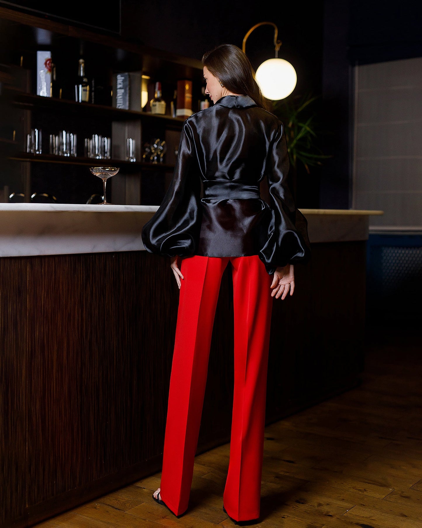 Black Shawl Collar Puff-Sleeve Belted Tunic Blouse