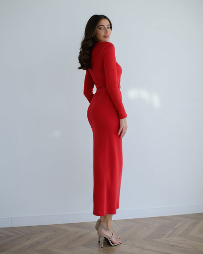 Red Cut-Out Long Sleeve Midi Dress