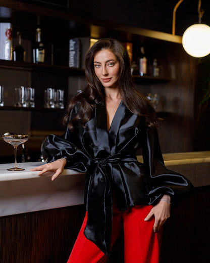 Black Shawl Collar Puff-Sleeve Belted Tunic Blouse