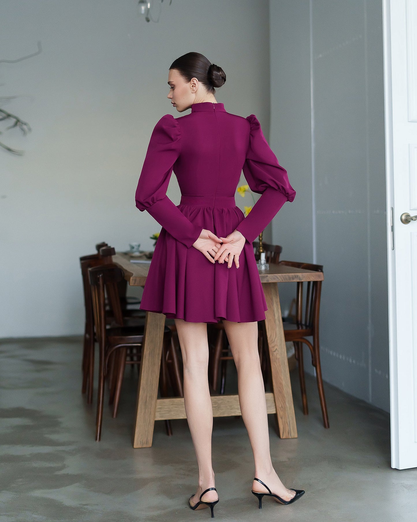 Bella Bordeaux Choker-Neck Puff Sleeve Mini Dress