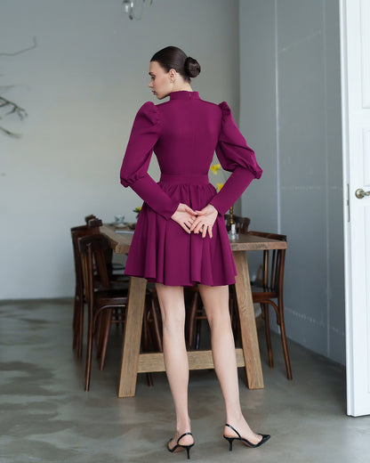 Bella Bordeaux Choker-Neck Puff Sleeve Mini Dress
