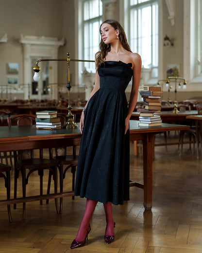 Selena Black Strapless Bow-Detail Midi Dress