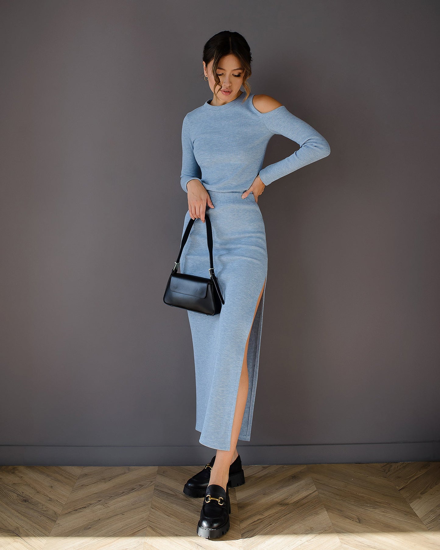Sky-Blue Cut-Out Long Sleeve Midi Dress