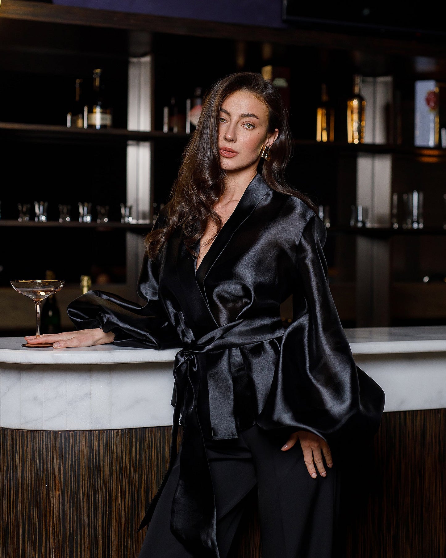 Black Shawl Collar Puff-Sleeve Belted Tunic Blouse
