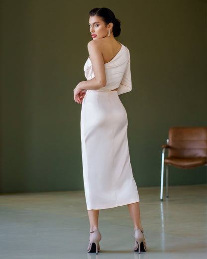 White Satin One-Shoulder Cut-Out Midi Dress