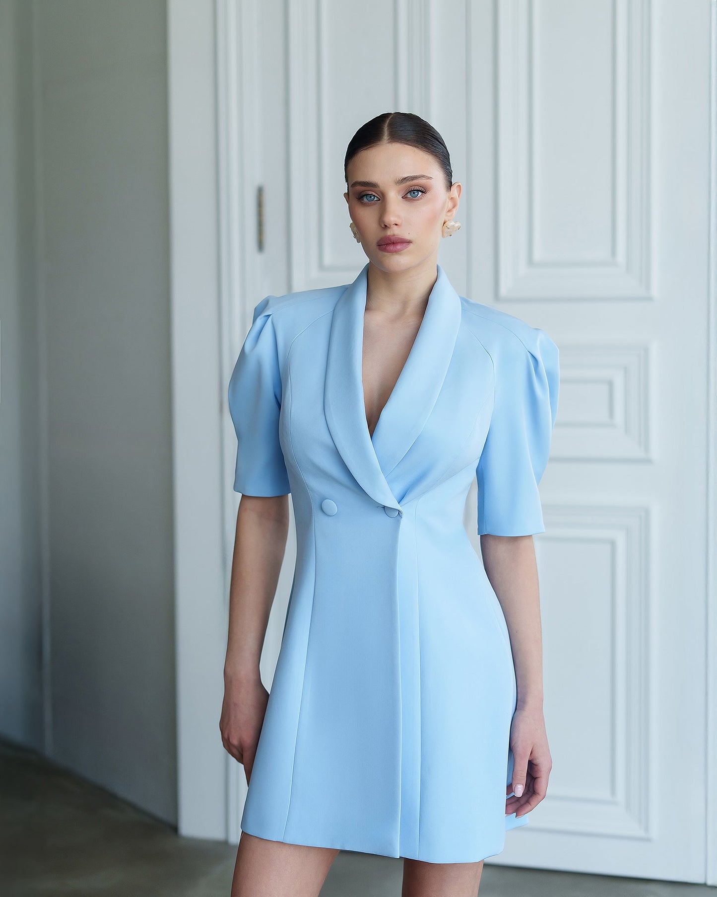Bella Sky-Blue Collared Puff-Sleeve Mini Dress