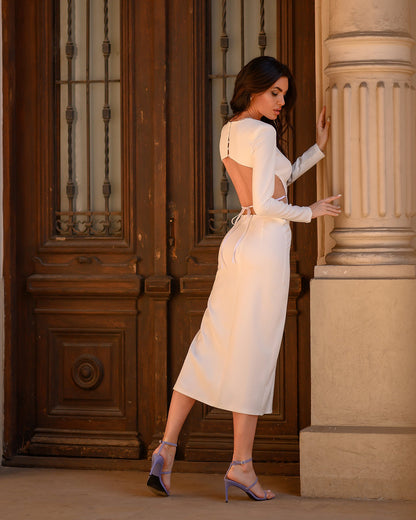 Ivory Backless Long Sleeve Midi Dress