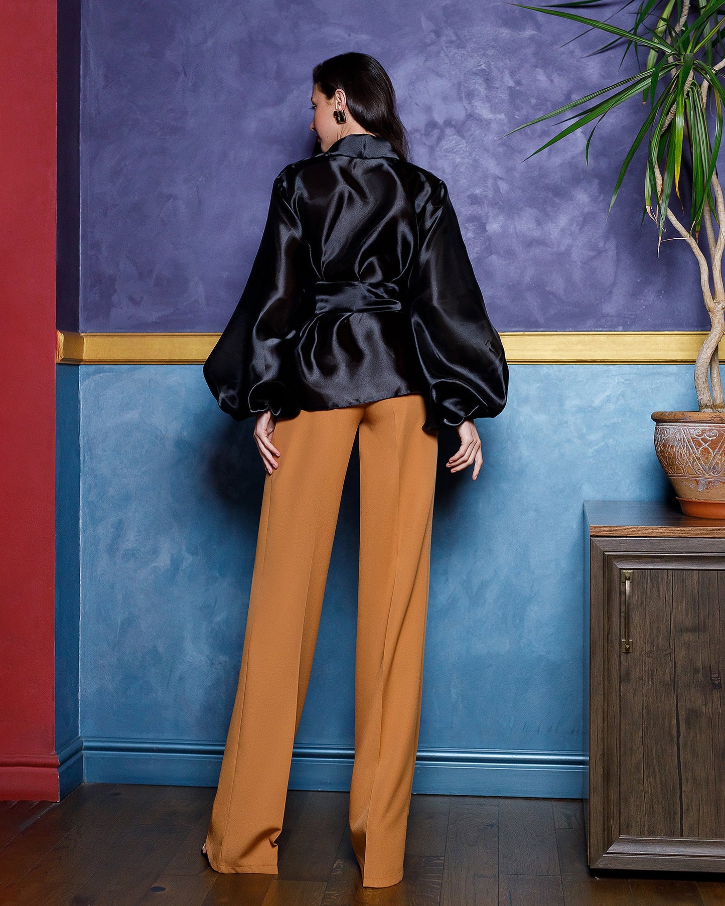 Black Shawl Collar Puff-Sleeve Belted Tunic Blouse