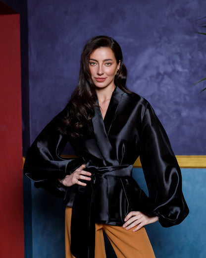 Black Shawl Collar Puff-Sleeve Belted Tunic Blouse