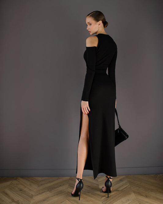 Black Cut-Out Long Sleeve Midi Dress